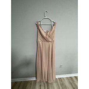 David’s Bridal Rose gold chiffon off the shoulder dress
